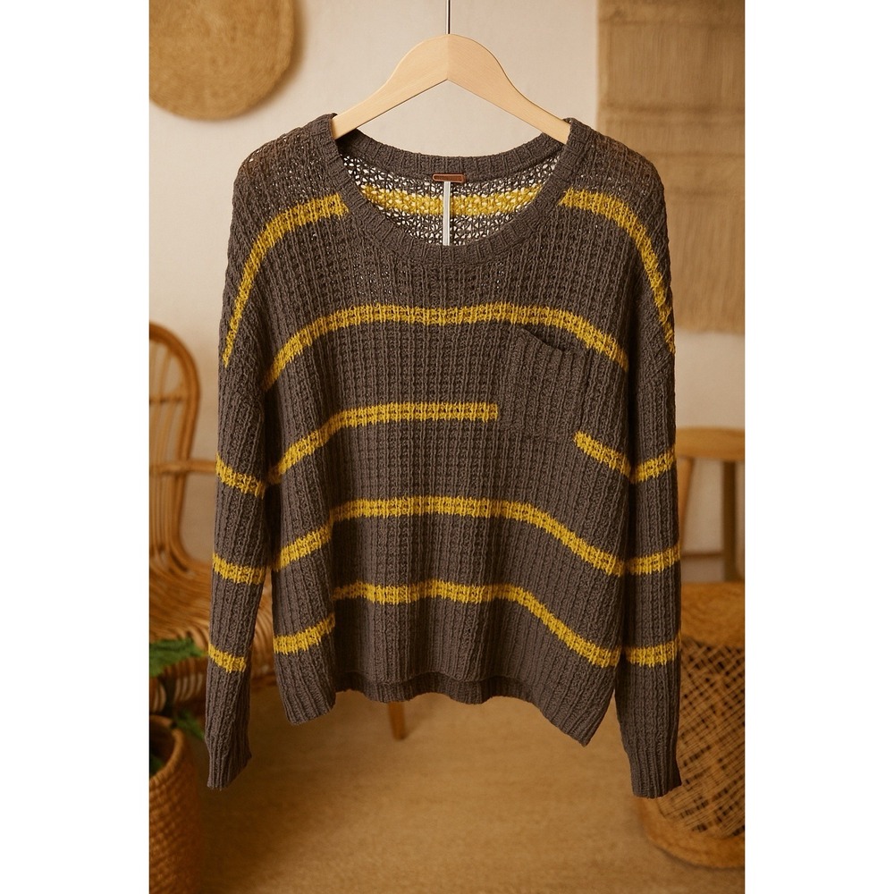 Free People Striped Open Knit Pullover Sweater Sz XS Gray Yellow Loose Boho